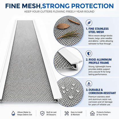 Maeklon 24 Pack Gutter Guard Kit, 5.79" x 48.43" Panels Micro Mesh Gutter Guard, Gutter Guard Kit with 0.6mm Micro Mesh and Aluminum Frame, Designed for Leaf Debris Control and Rainwater Flow for Home Use