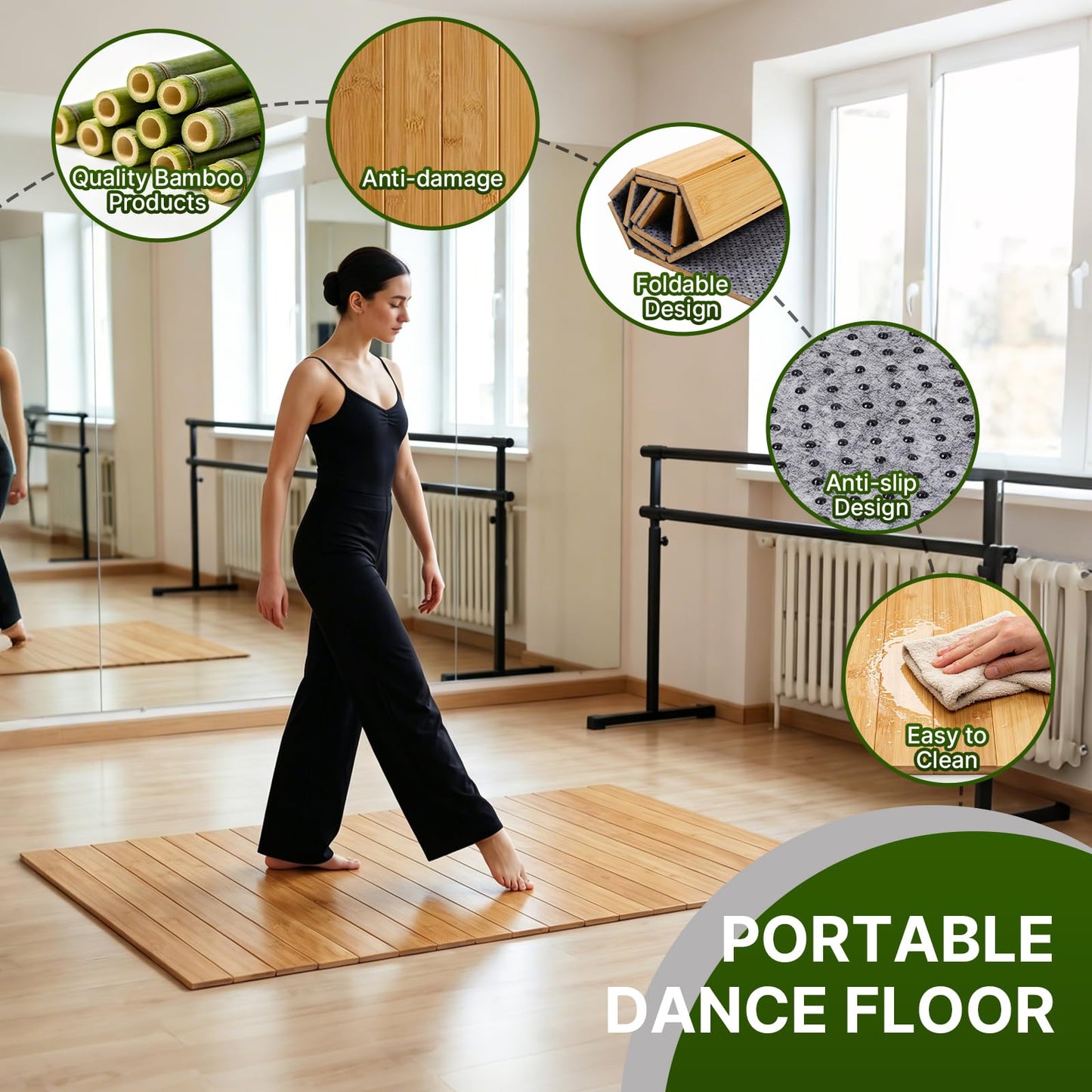 Portable Tap Dance Floor 47.4 x 23.6 Inch, Foldable Bamboo Board | Cushioned non-slip base supports tap, jazz and ballet practice at home, in studios or outdoors with easy folding storage