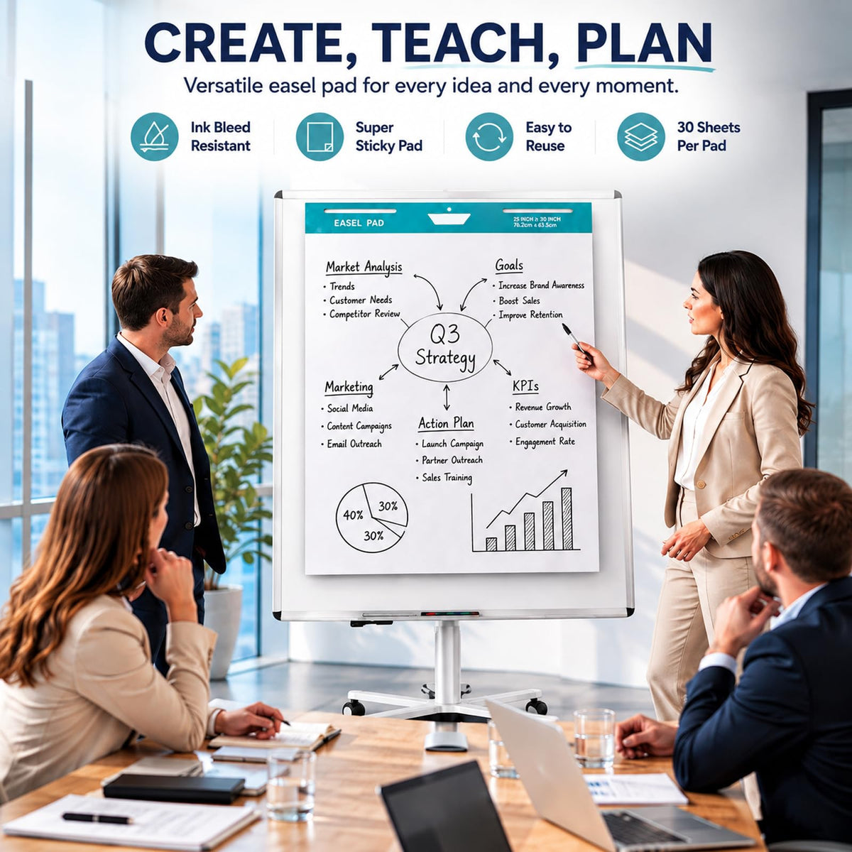 Maeklon 25 x 30 Inch Sticky Easel Pad, 30 Sheets Adhesive Chart Paper, 8 Pads Large Easel Paper Pad with Self Adhesive Backing, Premium White Chart, Ideal for Meetings, Presentations and Projects