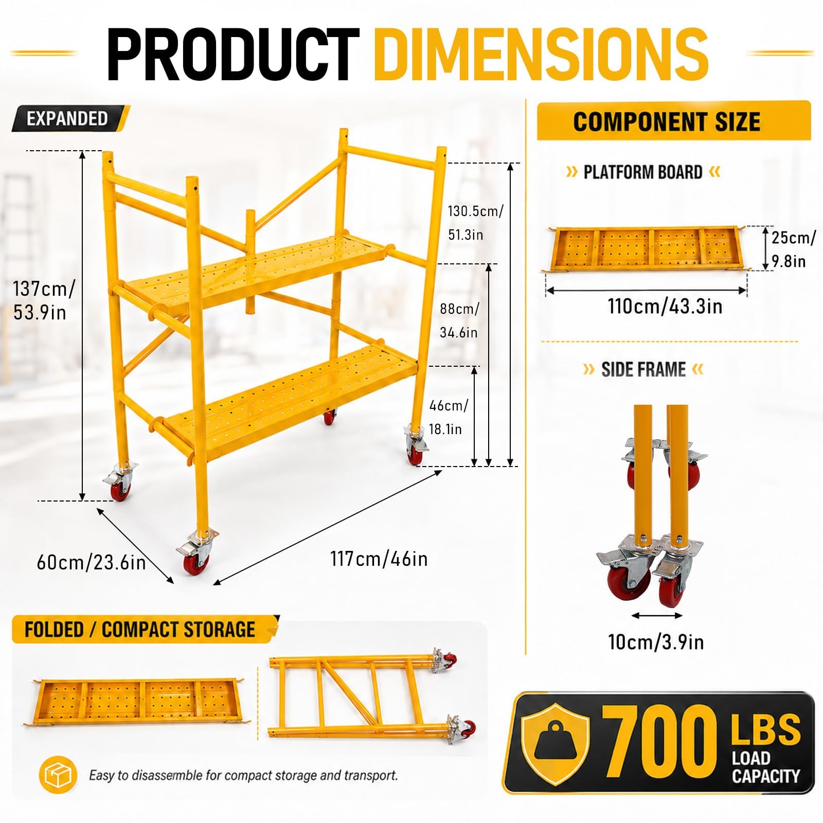 Maeklon 46"x23.6"x53.9" Scaffold Platform with Locking Wheels, 700 Lb Work Platform | Portable Rolling Scaffolding Platform with 4 Brake Casters for Construction, Painting and Home Renovation