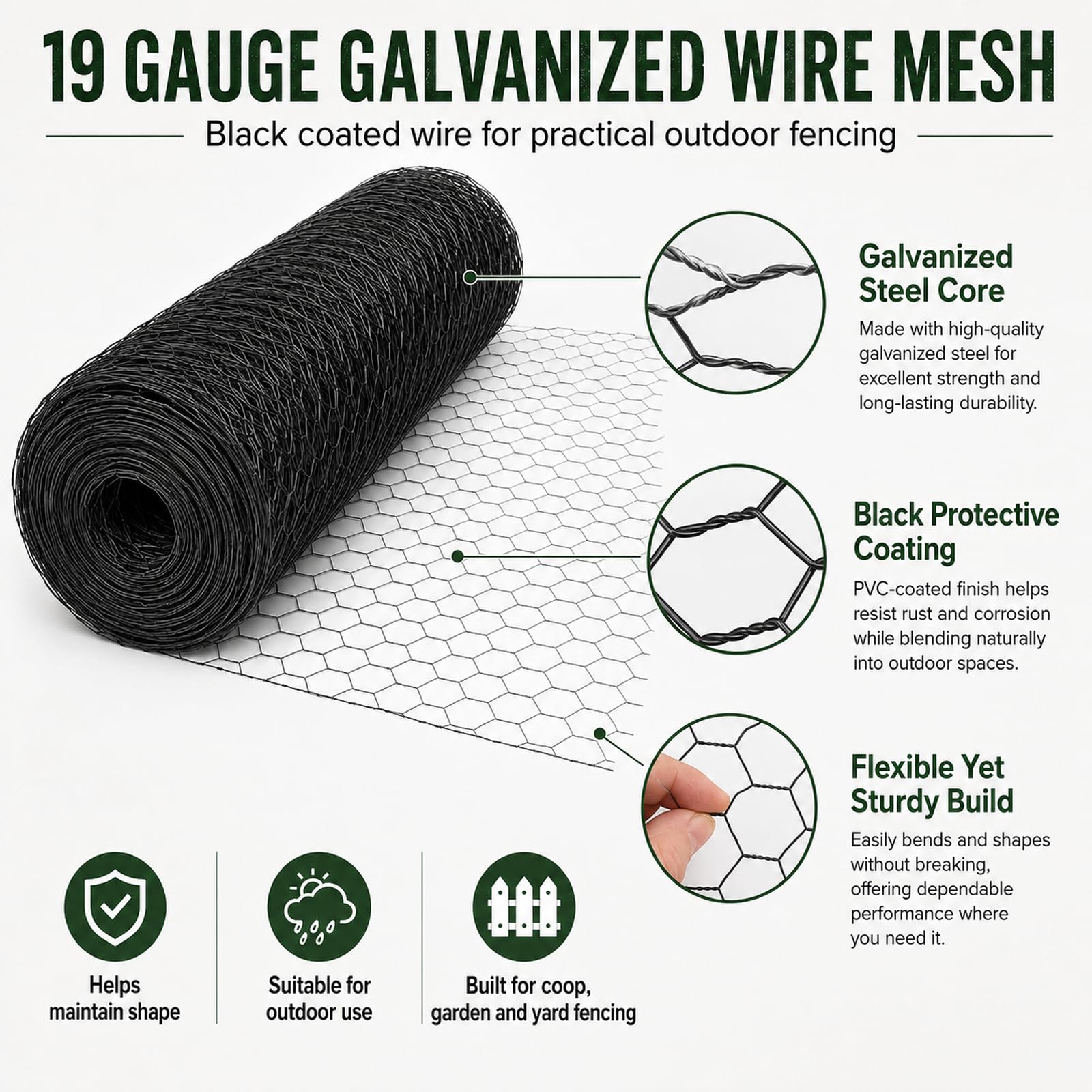Chicken Wire 48 in x 150 ft, 19 Gauge Poultry Netting, 1 inch Wire Fencing | 0.9 mm Wire Diameter Durable Chicken Wire Fencing, Hexagonal Galvanized Poultry Netting for Chicken/Coop/DIY Projects, Black