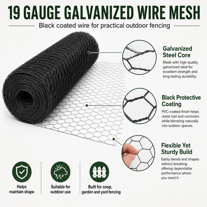 Chicken Wire 48 in x 150 ft, 19 Gauge Poultry Netting, 1 inch Wire Fencing | 0.9 mm Wire Diameter Durable Chicken Wire Fencing, Hexagonal Galvanized Poultry Netting for Chicken/Coop/DIY Projects, Black