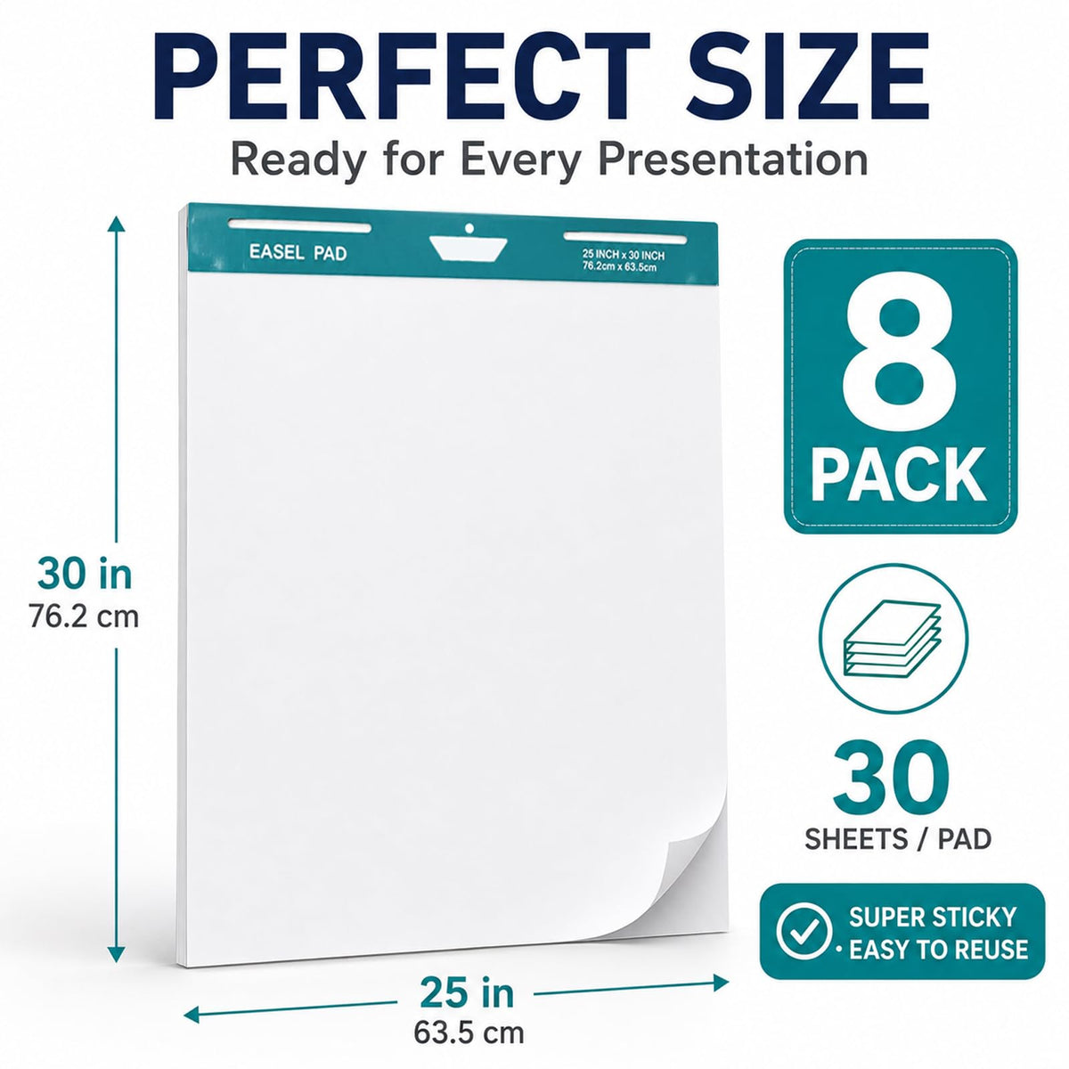 Maeklon 25 x 30 Inch Sticky Easel Pad, 30 Sheets Adhesive Chart Paper, 8 Pads Large Easel Paper Pad with Self Adhesive Backing, Premium White Chart, Ideal for Meetings, Presentations and Projects