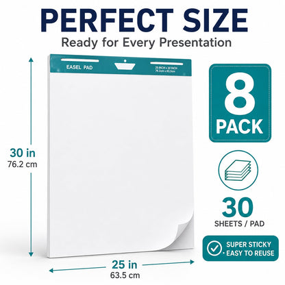 Maeklon 25 x 30 Inch Sticky Easel Pad, 30 Sheets Adhesive Chart Paper, 8 Pads Large Easel Paper Pad with Self Adhesive Backing, Premium White Chart, Ideal for Meetings, Presentations and Projects