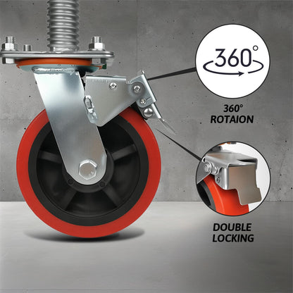Maeklon 4 Pack 6" Adjustable Leveling Scaffolding Wheels, 1-1/5" OD Scaffold Screw with Brake, 13" Hight Adjustable, Heavy-Duty Scaffold Leveling Jacks