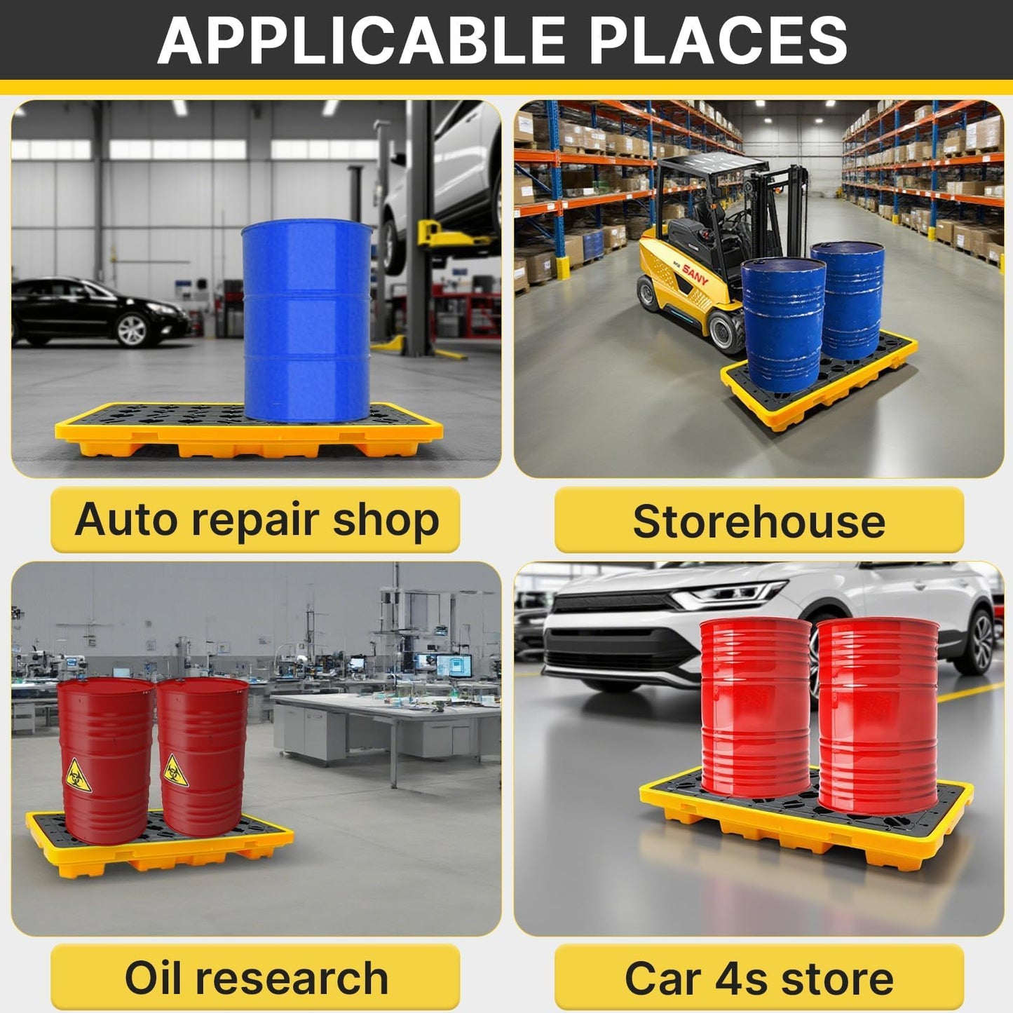 Maeklon 2 Pack Drum Spill Containment Pallet, 51.2" x 26.8" x6", with grated Drain outlets and Forklift Pockets, Stackable Modular Platform, Spill Platform for Indoor and Outdoor Storage of Goods