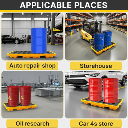 Maeklon 2 Pack Drum Spill Containment Pallet, 51.2" x 26.8" x6", with grated Drain outlets and Forklift Pockets, Stackable Modular Platform, Spill Platform for Indoor and Outdoor Storage of Goods