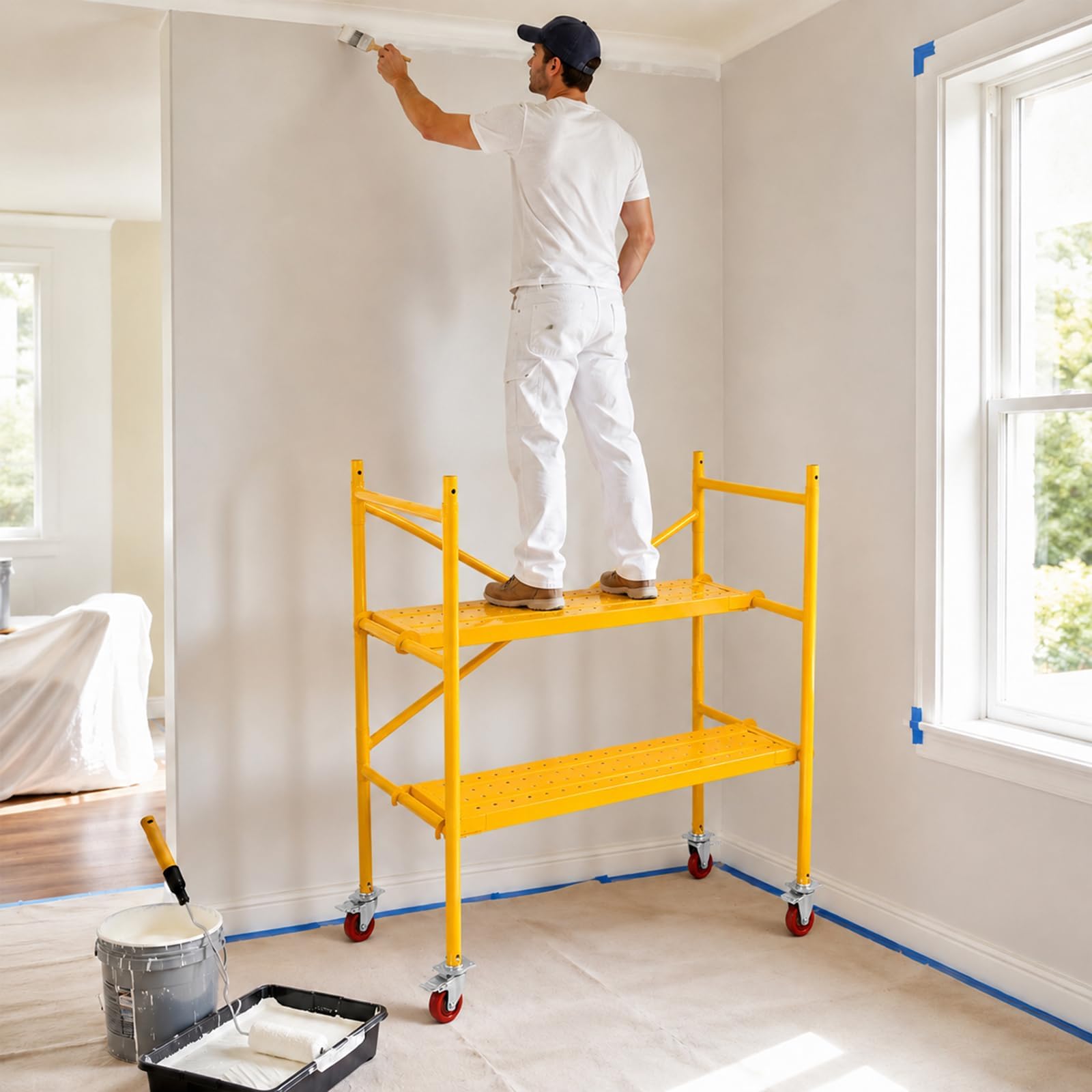 Maeklon 46"x23.6"x53.9" Scaffold Platform with Locking Wheels, 700 Lb Work Platform | Portable Rolling Scaffolding Platform with 4 Brake Casters for Construction, Painting and Home Renovation