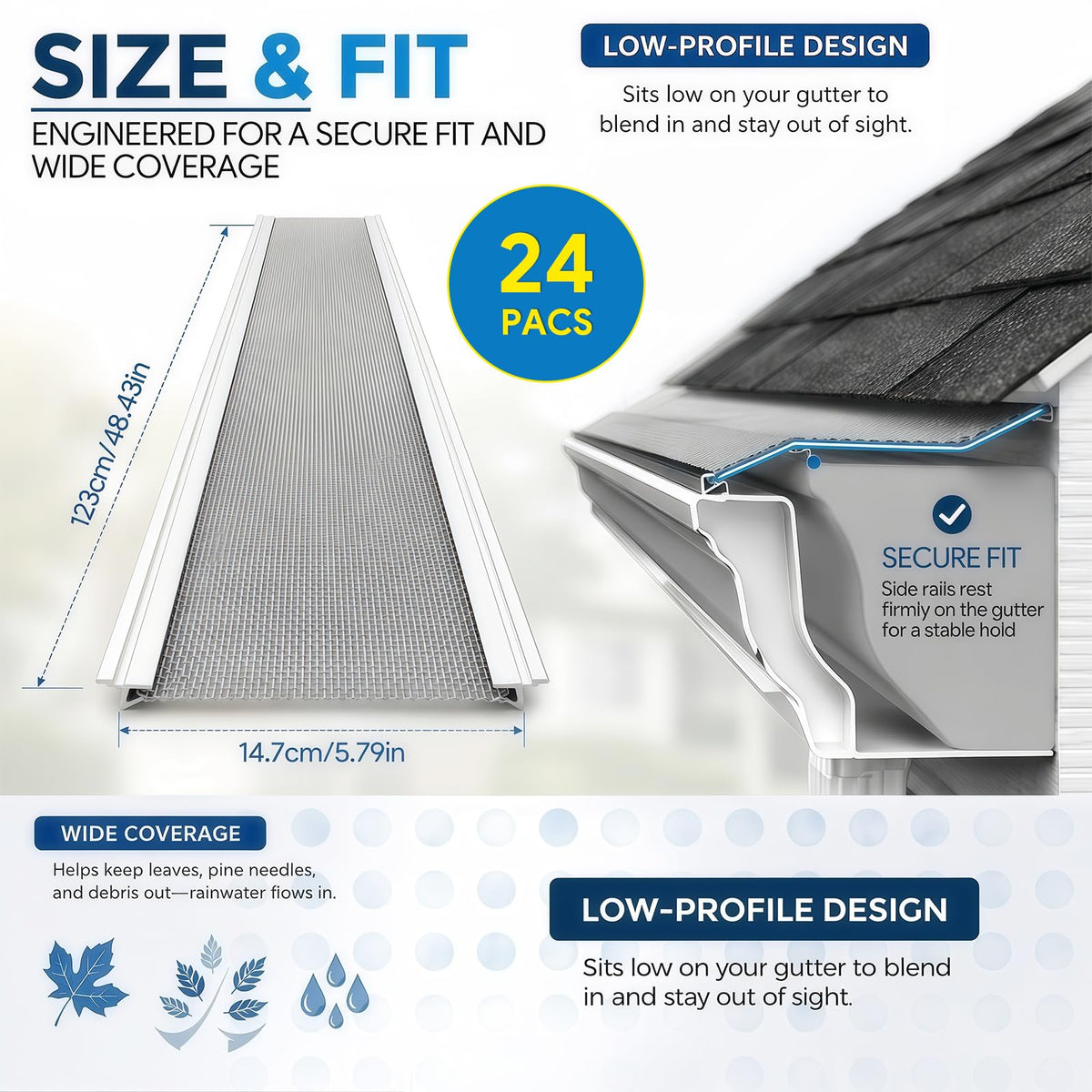 Maeklon 24 Pack Gutter Guard Kit, 5.79" x 48.43" Panels Micro Mesh Gutter Guard, Gutter Guard Kit with 0.6mm Micro Mesh and Aluminum Frame, Designed for Leaf Debris Control and Rainwater Flow for Home Use