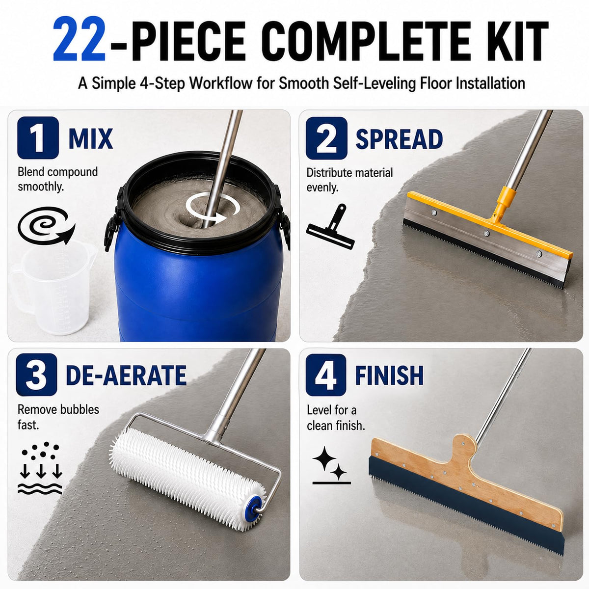 Maeklon 22 PCS Self Leveling Concrete Tool Kit, Cement Finishing Tools Set Complete Floor Leveling Tool Set with Rollers, Rake, Spiked Shoes and Accessories for Concrete, Cement and Coating Projects