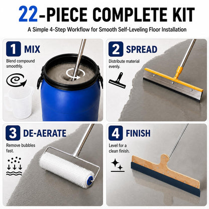 Maeklon 22 PCS Self Leveling Concrete Tool Kit, Cement Finishing Tools Set Complete Floor Leveling Tool Set with Rollers, Rake, Spiked Shoes and Accessories for Concrete, Cement and Coating Projects