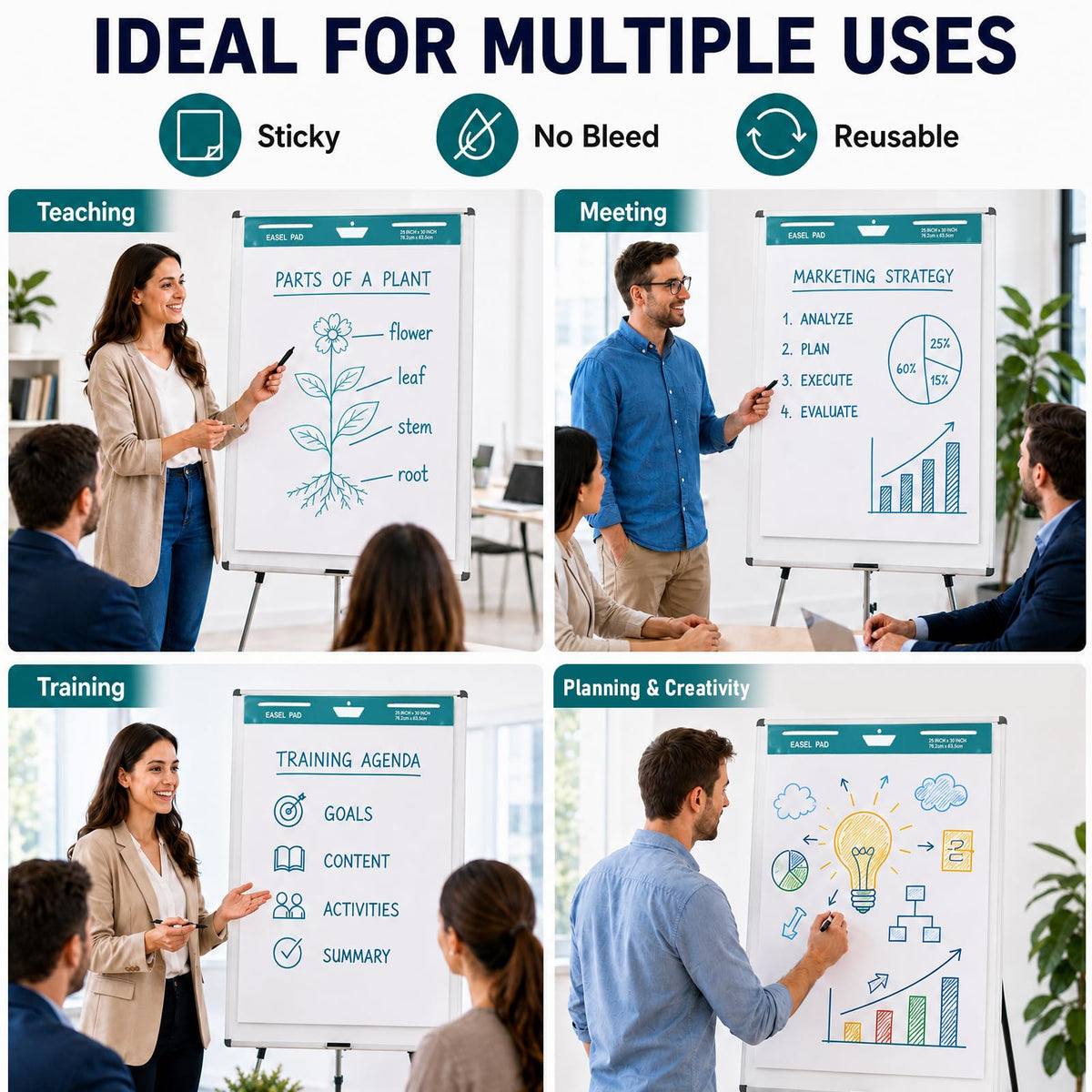 Maeklon 25 x 30 Inch Sticky Easel Pad, 30 Sheets Adhesive Chart Paper, 8 Pads Large Easel Paper Pad with Self Adhesive Backing, Premium White Chart, Ideal for Meetings, Presentations and Projects