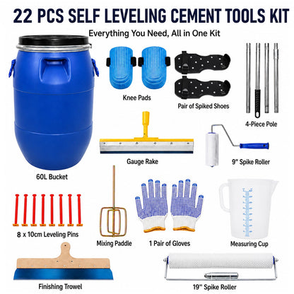 Maeklon 22 PCS Self Leveling Concrete Tool Kit, Cement Finishing Tools Set Complete Floor Leveling Tool Set with Rollers, Rake, Spiked Shoes and Accessories for Concrete, Cement and Coating Projects