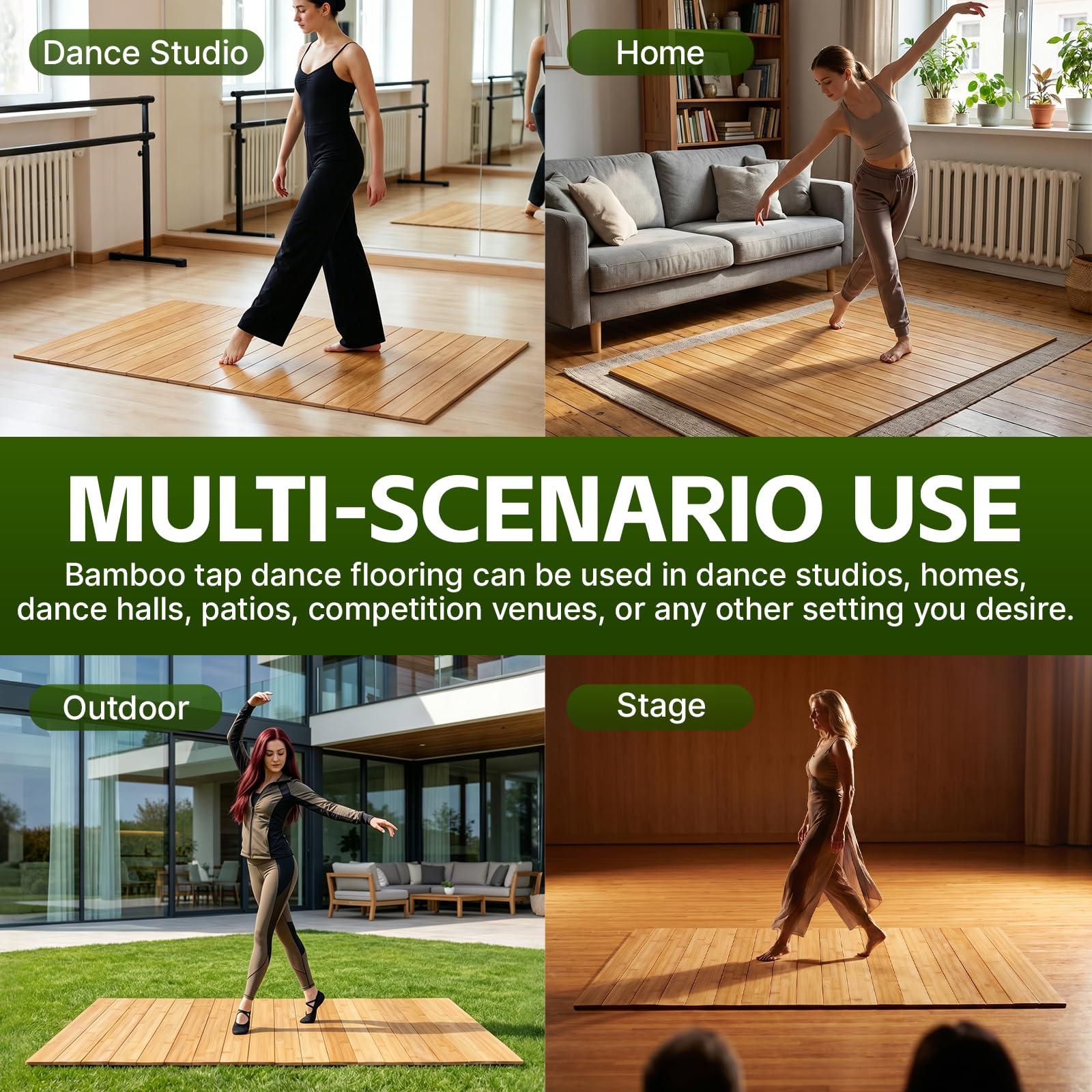 Portable Tap Dance Floor 47.4 x 23.6 Inch, Foldable Bamboo Board | Cushioned non-slip base supports tap, jazz and ballet practice at home, in studios or outdoors with easy folding storage