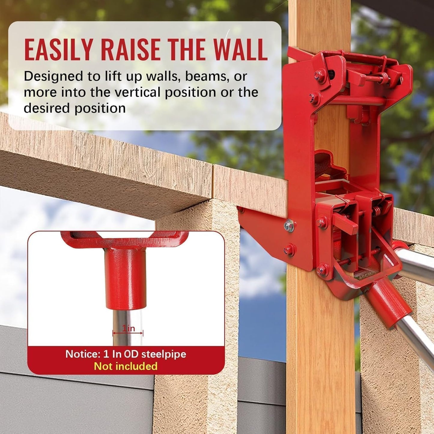 Maeklon 2 Pcs Cast Iron Wall Jack, Weight Capacity up to 1000 lbs, Portable Lifting Tool Works with 1-1/2" x 3-1/2" Fir Poles or 1" OD Steel Pipes, Heavy-Duty Wall Jacks for Framing, Lifting Wall Beams, Red