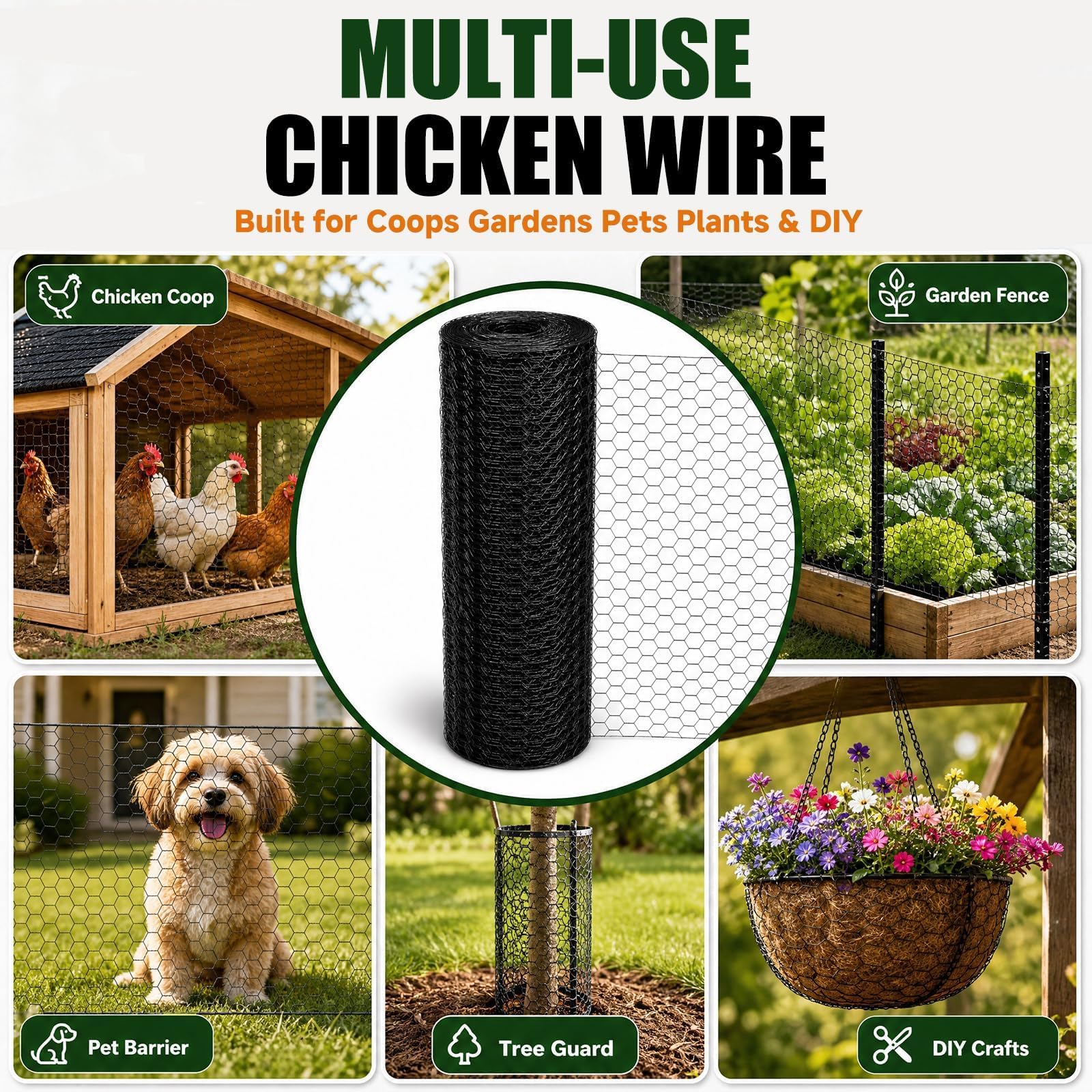 Chicken Wire 48 in x 150 ft, 19 Gauge Poultry Netting, 1 inch Wire Fencing | 0.9 mm Wire Diameter Durable Chicken Wire Fencing, Hexagonal Galvanized Poultry Netting for Chicken/Coop/DIY Projects, Black