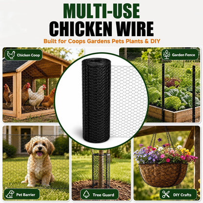 Chicken Wire 48 in x 150 ft, 19 Gauge Poultry Netting, 1 inch Wire Fencing | 0.9 mm Wire Diameter Durable Chicken Wire Fencing, Hexagonal Galvanized Poultry Netting for Chicken/Coop/DIY Projects, Black