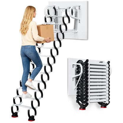 Maeklon 12-Steps Wall-Mounted Attic Ladder kit with Handrails, 3.1m Folding Loft Staircase, Up to 882 lbs Telescopic Fold Ladder for Attics, Garages, Roofs, Basements