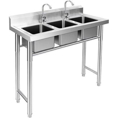 ‎Maeklon 3-Compartment Sink, 39'' x 18'' x 36'' Stainless Steel Utility Sink, Free Standing Three Bowl Kitchen Sink Set with 2 Faucets Hot & Cold Water Pipes for Food Truck, Bar, Restaurant