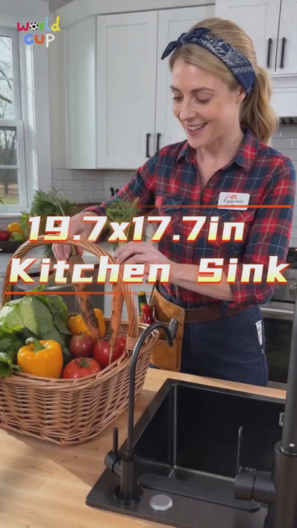 Maeklon 19.7x17.7in Kitchen Sink, T201 Stainless Steel Kitchen Basin with Pull-Down Faucet, In/Topmount Single Bowl Workstation withMultiple Accessories for Modern Kitchens, Farmhouse Workstation, Black