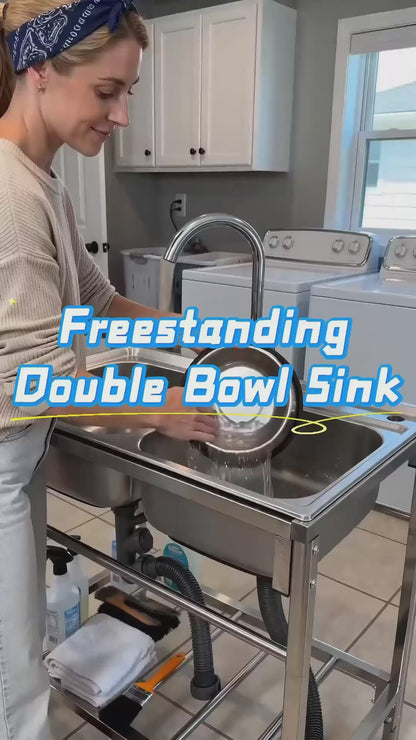 Maeklon Freestanding Double Bowl Sink, 31.5" x 16.9" x 29.5" Stainless Steel Kitchen Sink, Outdoor Utility Sink with Hot Cold Faucet, Ideal for Restaurant, Kitchen, Laundry, Garage