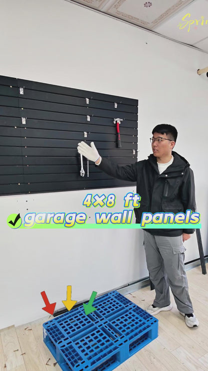 Maeklon 2 Pack 4 x 8 ft Garage Slat Wall Panels, Heavy PVC Wall Organizer with 12 Hooks, Slatwall Panel Wall Storage Systems for Garage Wall Storage, Slatted Wall Panels - Black
