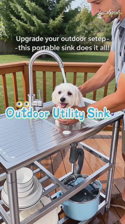 Maeklon Outdoor Utility Sink, Stainless Steel Laundry Tub Sink with Double-Layer Storage Shelves, Single Bowl Portable Washing Hand Basin Station with Double Temperature Faucet, for Garage, Kitchen, Camping