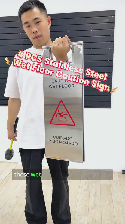 Maeklon 4 PCS Stainless Steel Wet Floor Caution Sign, 24in Caution Wet Floor Signs, Portable Foldable Bilingual Safety Sign, for Kitchen, Restaurant, Shop, Restroom, Silver
