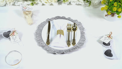 Maeklon 12/50/100 Pcs Silver Charger Plates Bulk, 13" Silver Reef Charger Plates for Wedding, Thanksgiving, Christmas, Plastic Chargers for Dinner Plates